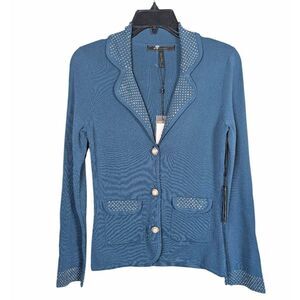 BCBGMaxazria Aegean peacock teal blue rhinestone pearl button collar cardigan XS